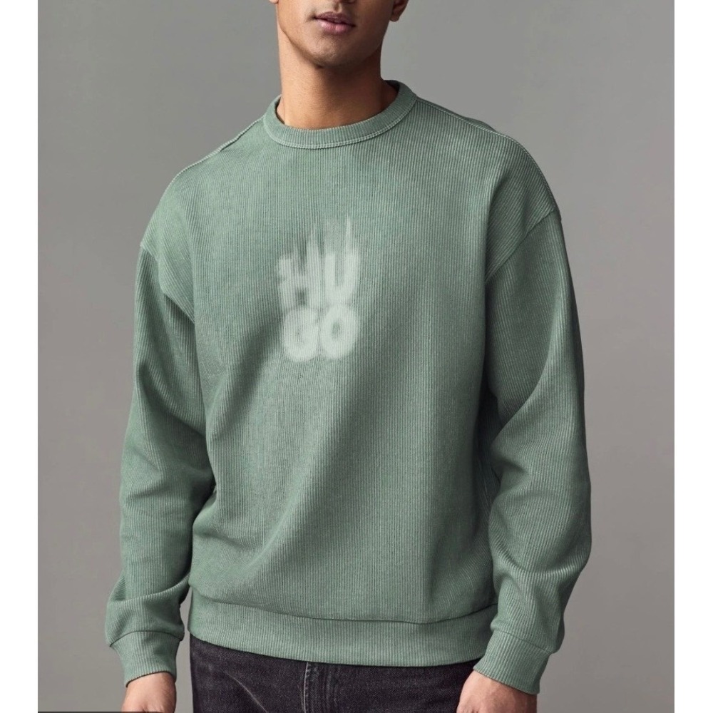 HUGO Boss Men Dinkam Oversized Ribbed Logo Sweatshirt Sage Green XXL Long Sleeve